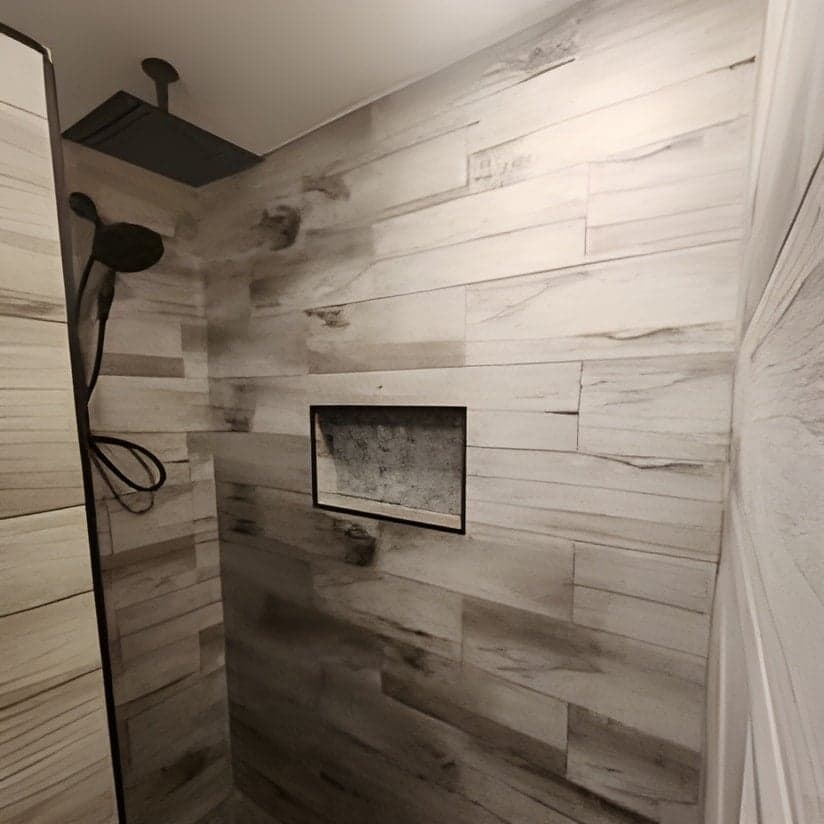 Modern tile shower with glass enclosure and built-in niche