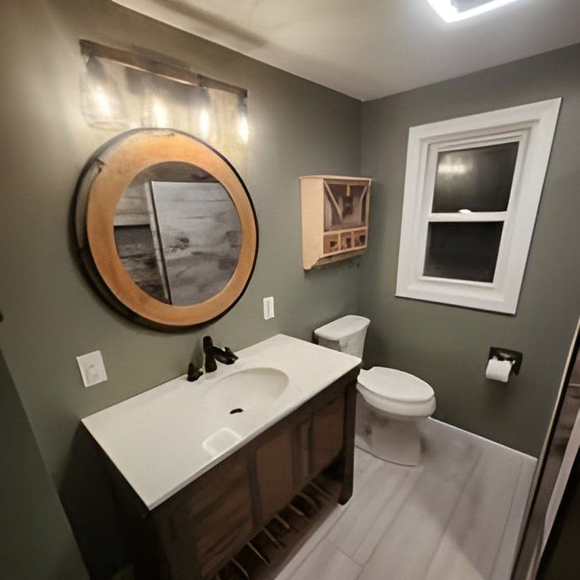 Modern bathroom with vanity, mirror, and updated finishes