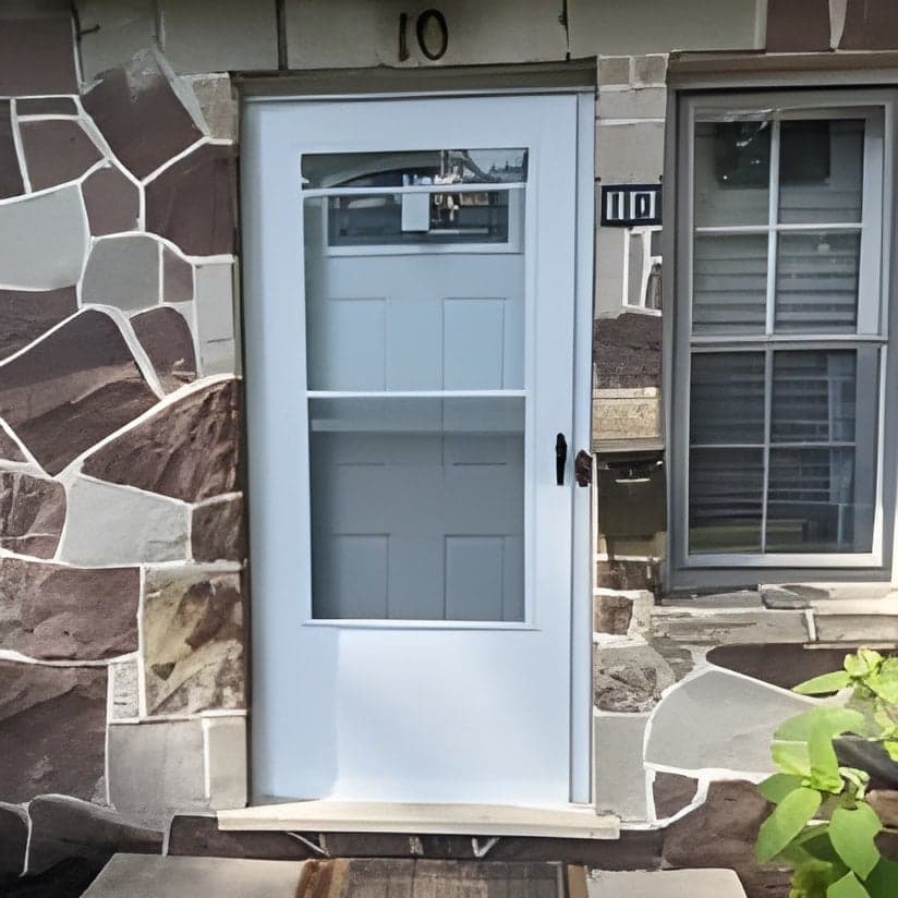 New white entry door with stone facade exterior